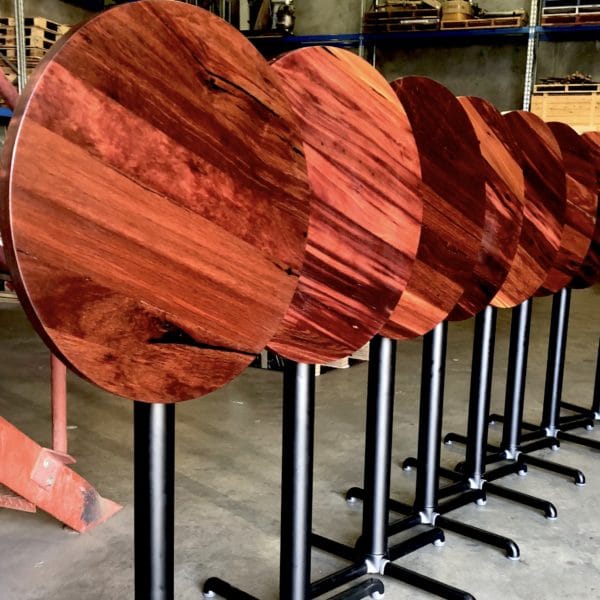 Recycled hardwood table tops. 70cm round table tops on Swoose table bases