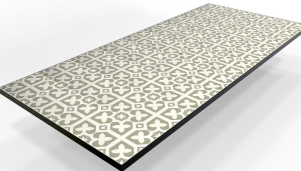 Large tile table top with metal edging.