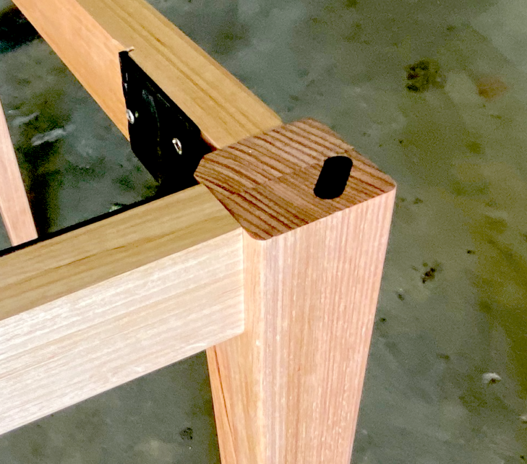 Reinforced table leg with epoxied lag screw.