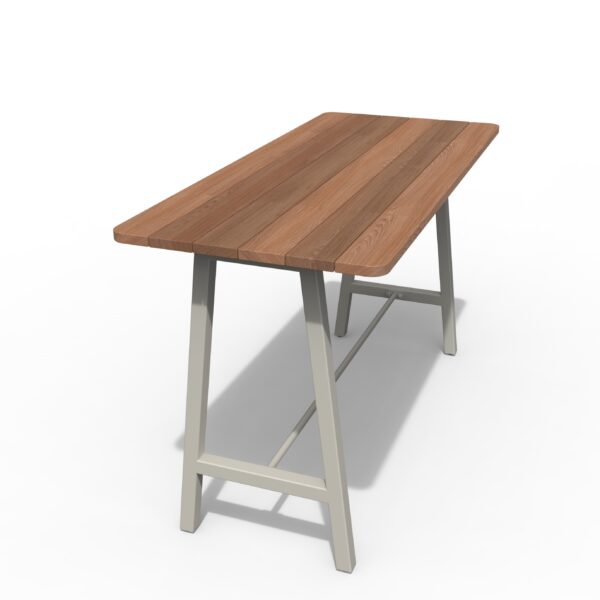 Agusta Aluminium Bar Table base shown with spotted gum table top.